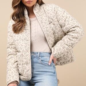 Lulus Bundled Perfection Light Beige Floral Quilted Puffer Jacket - Size L